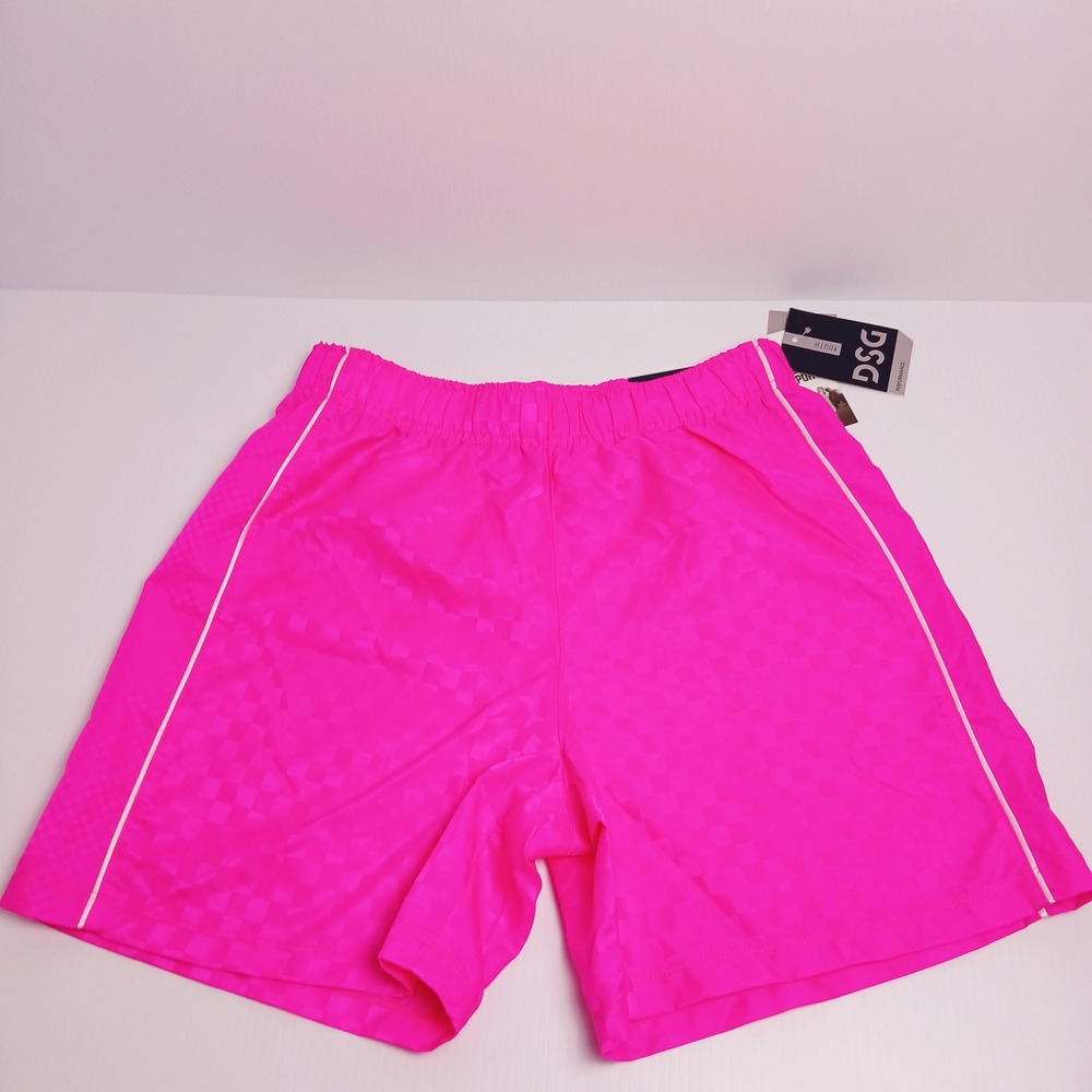 DSG Kids Neon Pink Woven Soccer Shorts‎ Tonal Checkerboard Athletic Fit L 14-16